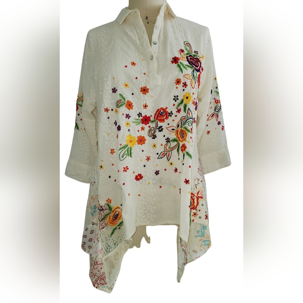 PONG Floral Embroidered Women's Tunic Sz Large